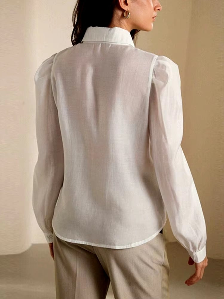 Butterfly Chic Lapel Long Puff Sleeve Spliced Button Slimming Blouse Shirt Mssza