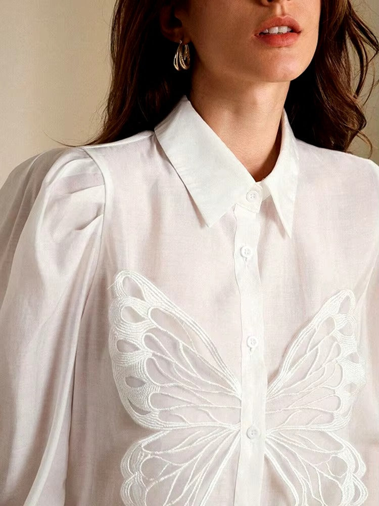 Butterfly Chic Lapel Long Puff Sleeve Spliced Button Slimming Blouse Shirt Mssza