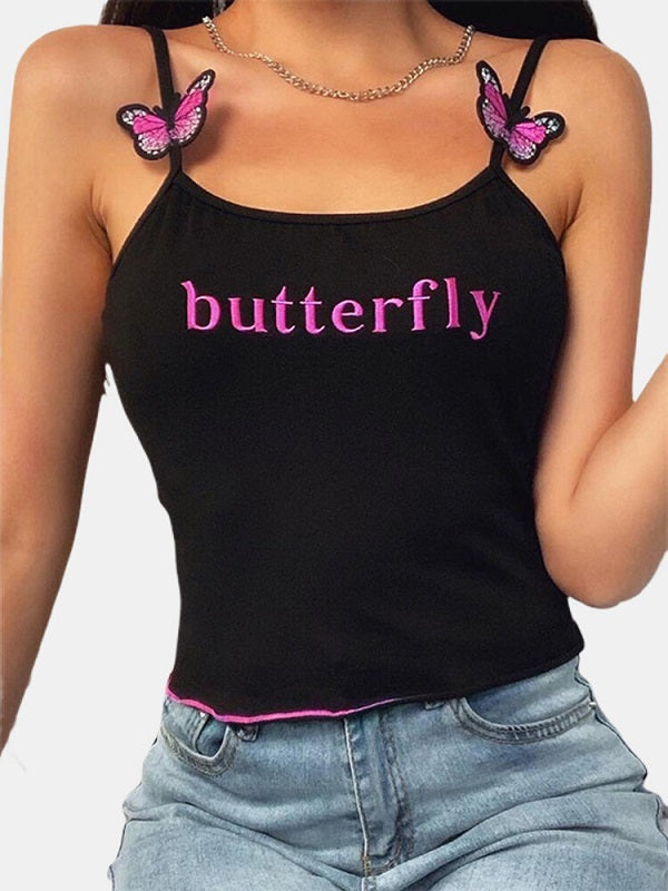 Butterfly Letter Embroidery Spaghetti Straps Camis Mssza
