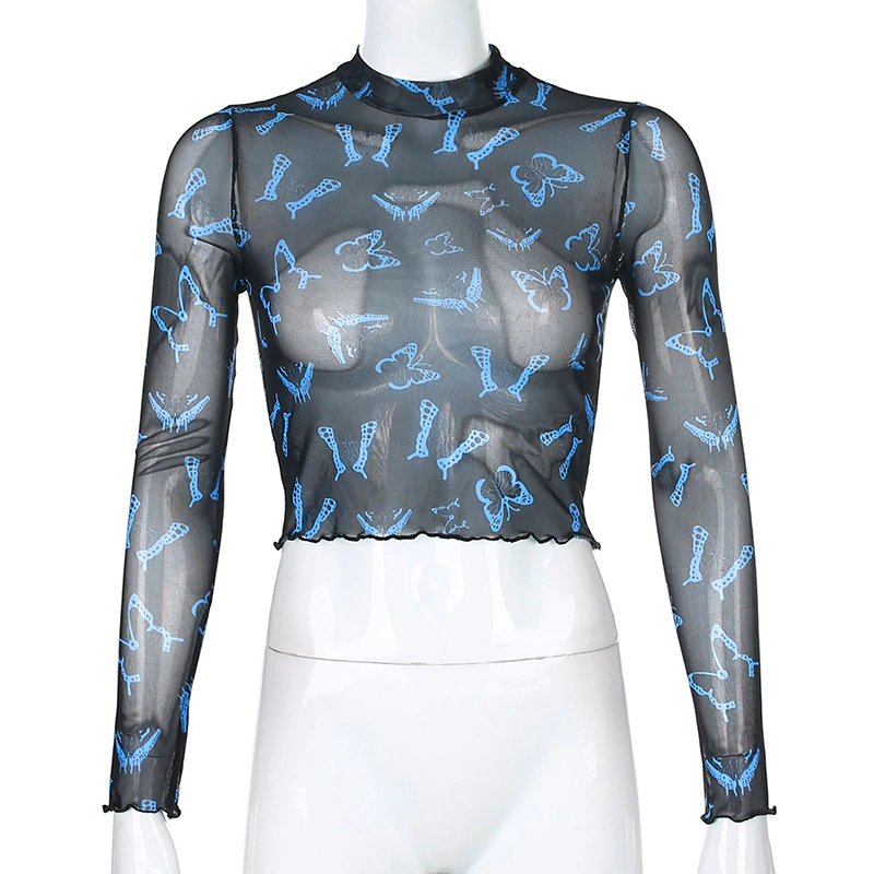 Butterfly Print Long Sleeve Crop Top Mssza