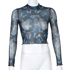 Butterfly Print Long Sleeve Crop Top Mssza