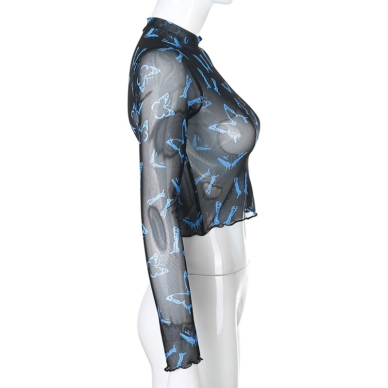 Butterfly Print Long Sleeve Crop Top Mssza
