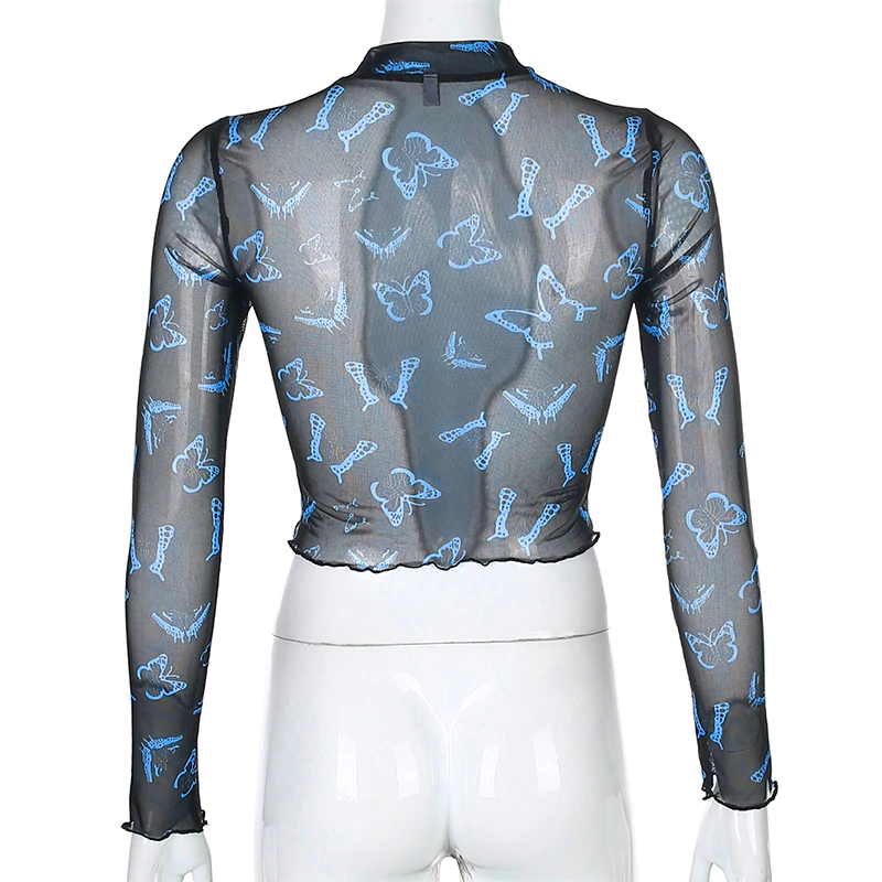 Butterfly Print Long Sleeve Crop Top Mssza