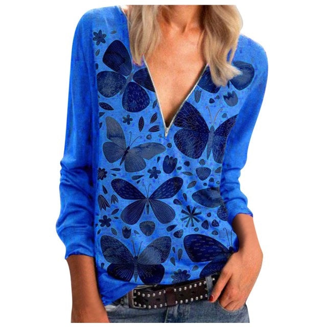 Butterfly Print T-Shirt Casual Zipper Long-sleeved Streetwear Pullover Mssza