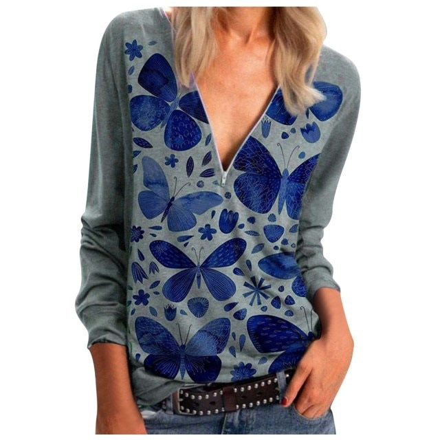 Butterfly Print T-Shirt Casual Zipper Long-sleeved Streetwear Pullover Mssza