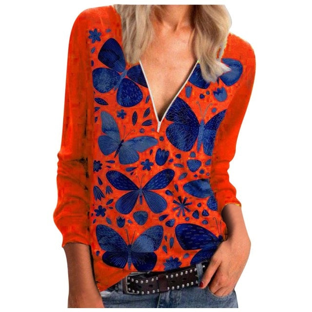 Butterfly Print T-Shirt Casual Zipper Long-sleeved Streetwear Pullover Mssza