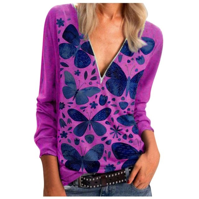 Butterfly Print T-Shirt Casual Zipper Long-sleeved Streetwear Pullover Mssza