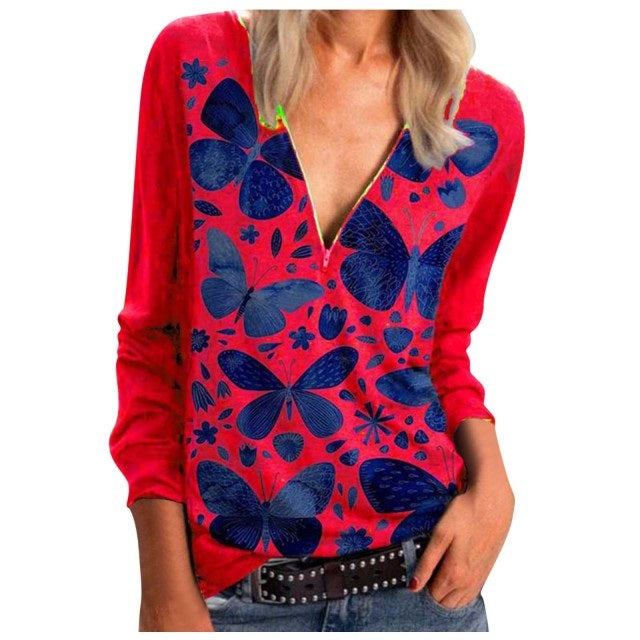 Butterfly Print T-Shirt Casual Zipper Long-sleeved Streetwear Pullover Mssza