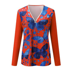 Butterfly Print T-Shirt Casual Zipper Long-sleeved Streetwear Pullover Mssza