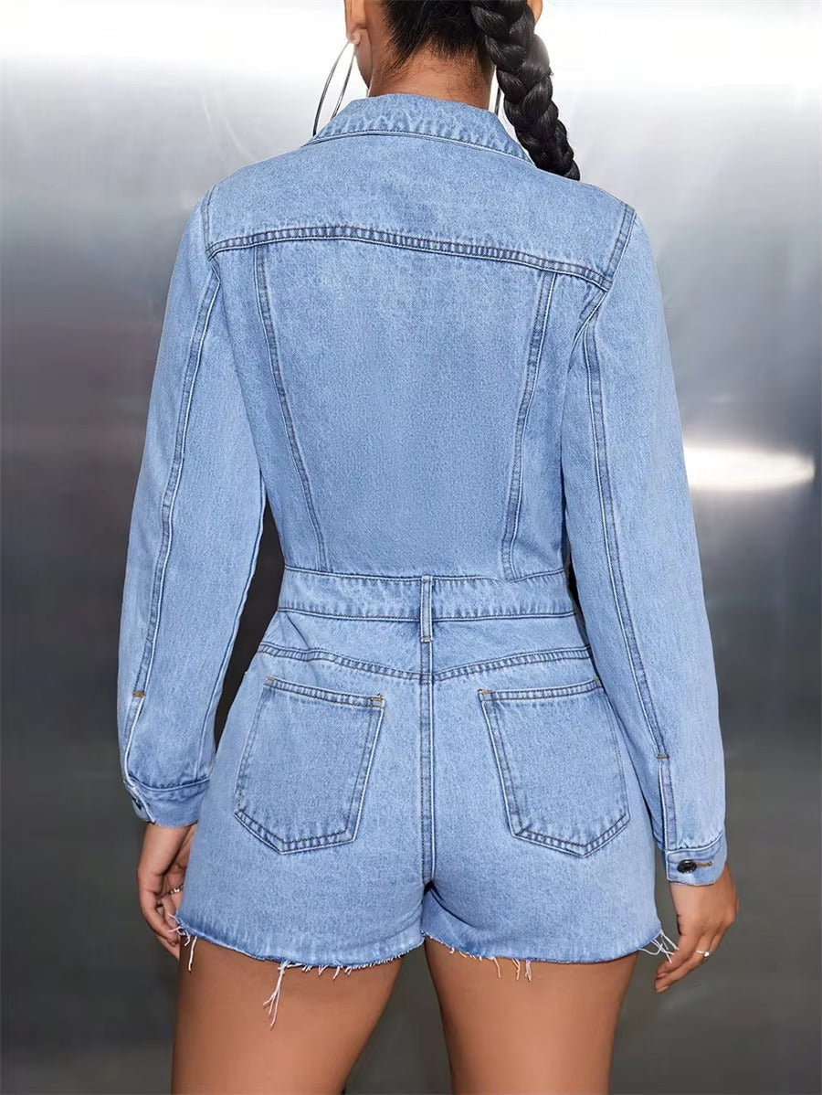 Casual Button Front Raw Hem Denim Streetwear Long Sleeve One-piece Jeans Shorts Jumpsuit Mssza