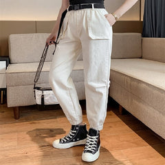 Button High Waist Casual Solid Flat Cargo Pants Mssza
