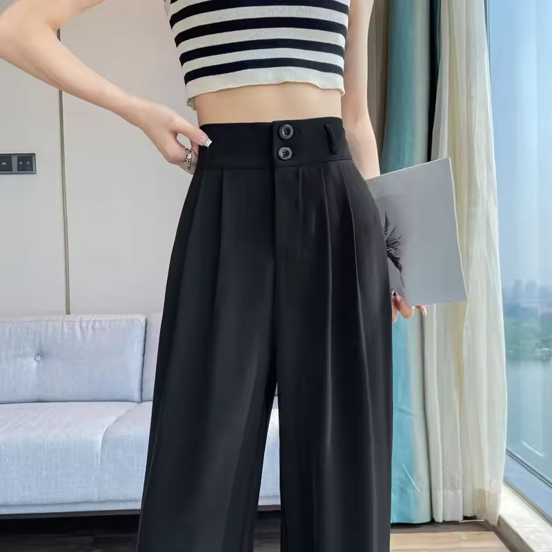 Button High Waist Wide Leg High Waist Straight Loose Full Length Trousers Mssza