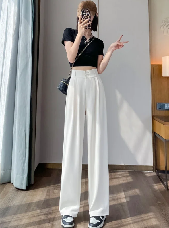 Button High Waist Wide Leg High Waist Straight Loose Full Length Trousers Mssza