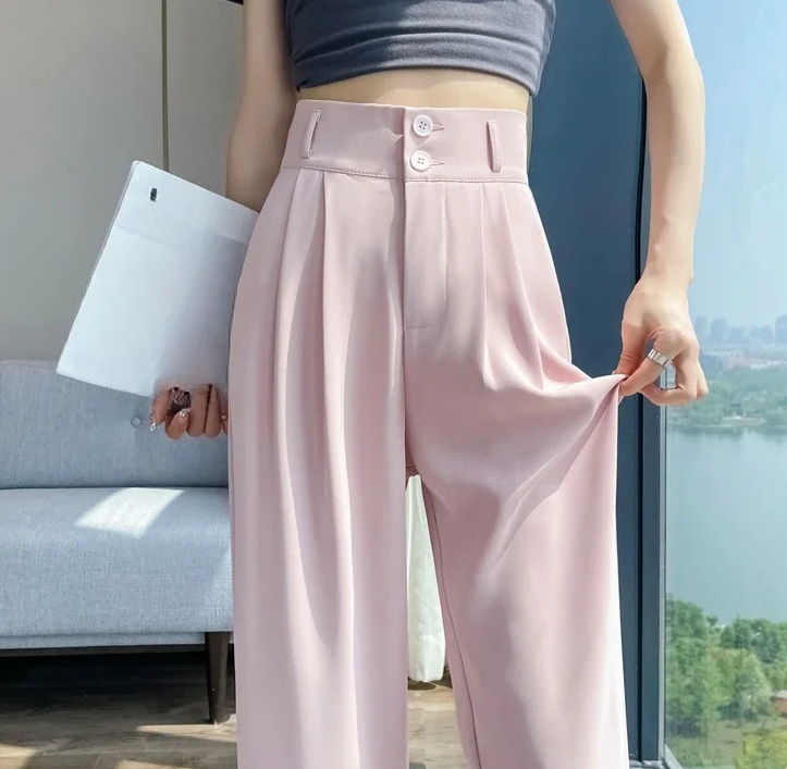 Button High Waist Wide Leg High Waist Straight Loose Full Length Trousers Mssza