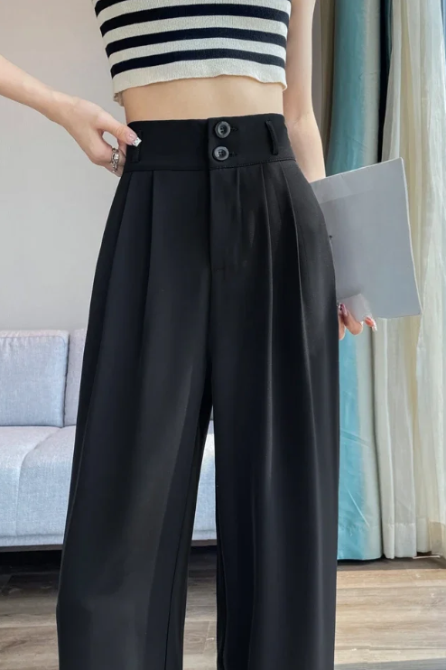 Button High Waist Wide Leg High Waist Straight Loose Full Length Trousers Mssza