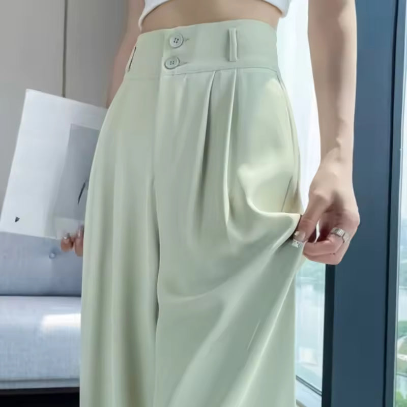 Button High Waist Wide Leg High Waist Straight Loose Full Length Trousers Mssza