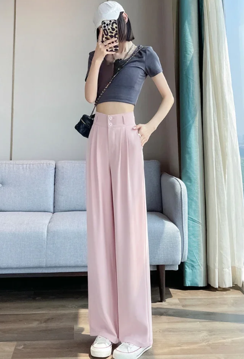 Button High Waist Wide Leg High Waist Straight Loose Full Length Trousers Mssza