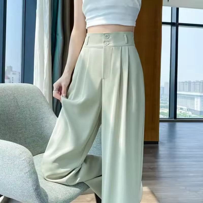 Button High Waist Wide Leg High Waist Straight Loose Full Length Trousers Mssza