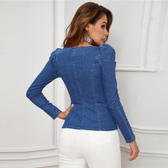 Button Up Puff Sleeve Sweetheart Neck Bustier Denim Shirt Mssza