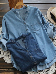 Buttons Adjustable Sleeve Denim Blouse Mssza