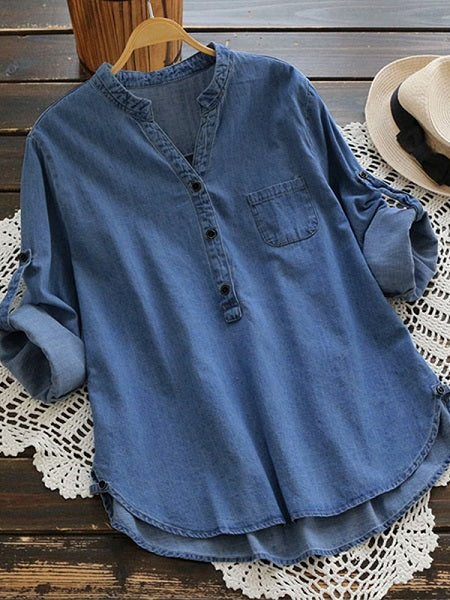 Buttons Adjustable Sleeve Denim Blouse Mssza