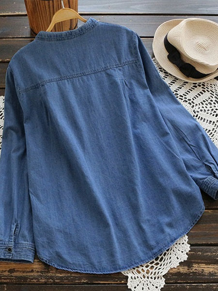 Buttons Adjustable Sleeve Denim Blouse Mssza