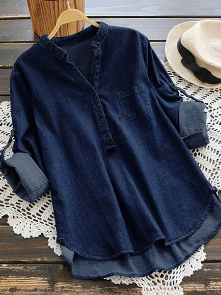 Buttons Adjustable Sleeve Denim Blouse Mssza