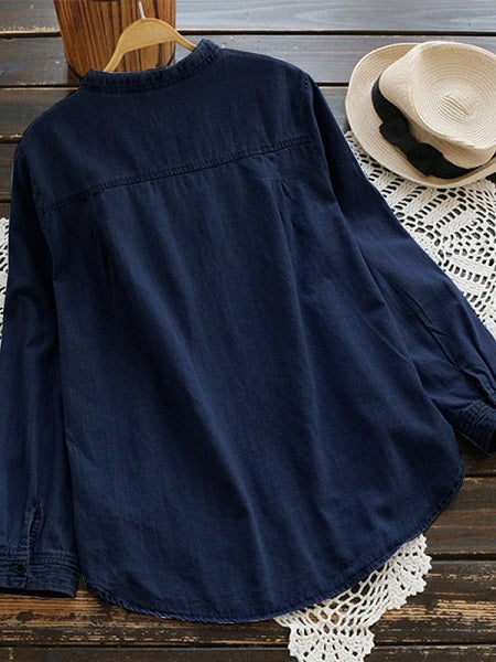 Buttons Adjustable Sleeve Denim Blouse Mssza
