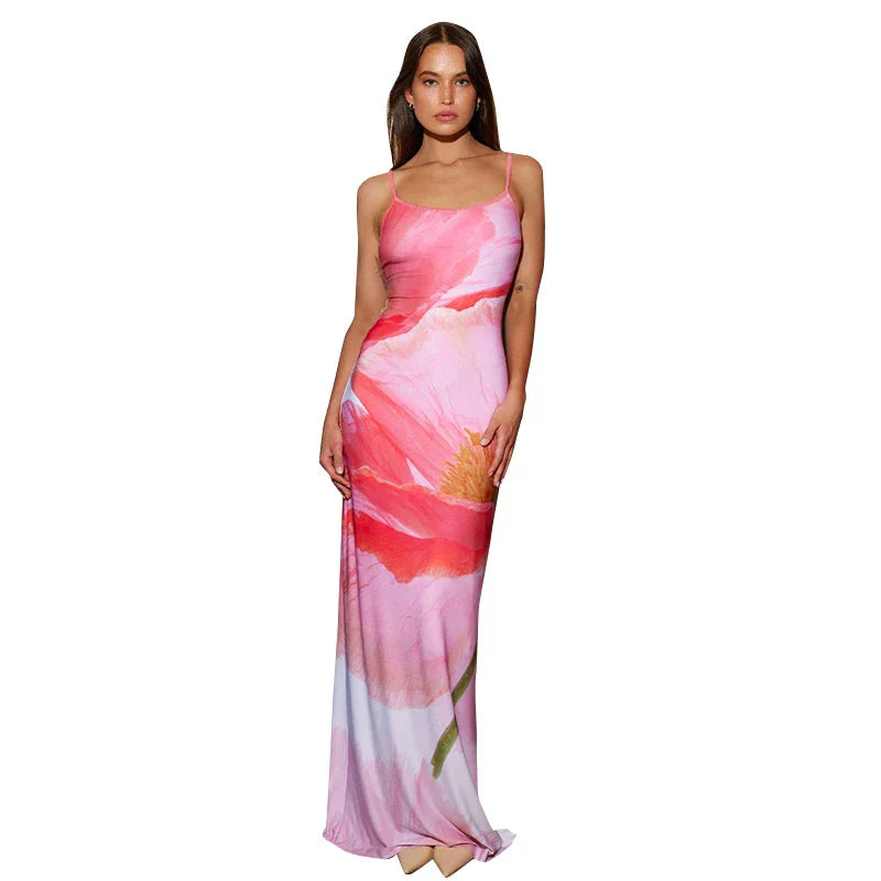 Spaghetti Backless Slim Strapless Contrast Patchwork Beach Printed Maxi Dress Dresses Mssaz Desses