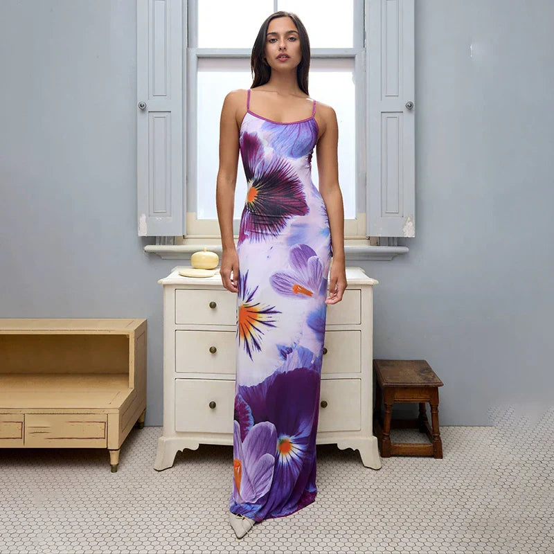 Spaghetti Backless Slim Strapless Contrast Patchwork Beach Printed Maxi Dress Dresses Mssaz Desses
