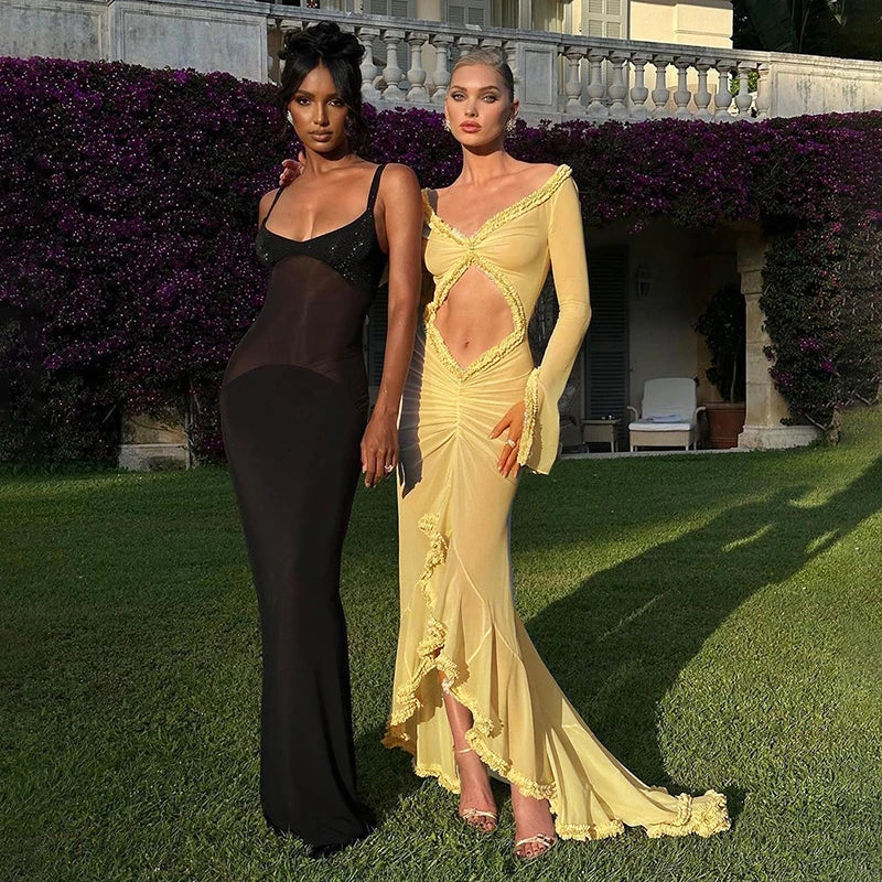 Spring Color Mesh See Through Low Cut  Floor Tassel Long Sleeve Evening Maxi Dress Mssaz Desses