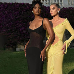Spring Color Mesh See Through Low Cut  Floor Tassel Long Sleeve Evening Maxi Dress Mssaz Desses
