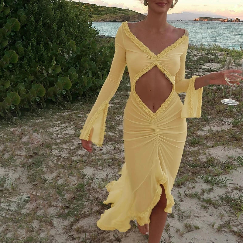 Spring Color Mesh See Through Low Cut  Floor Tassel Long Sleeve Evening Maxi Dress Mssaz Desses