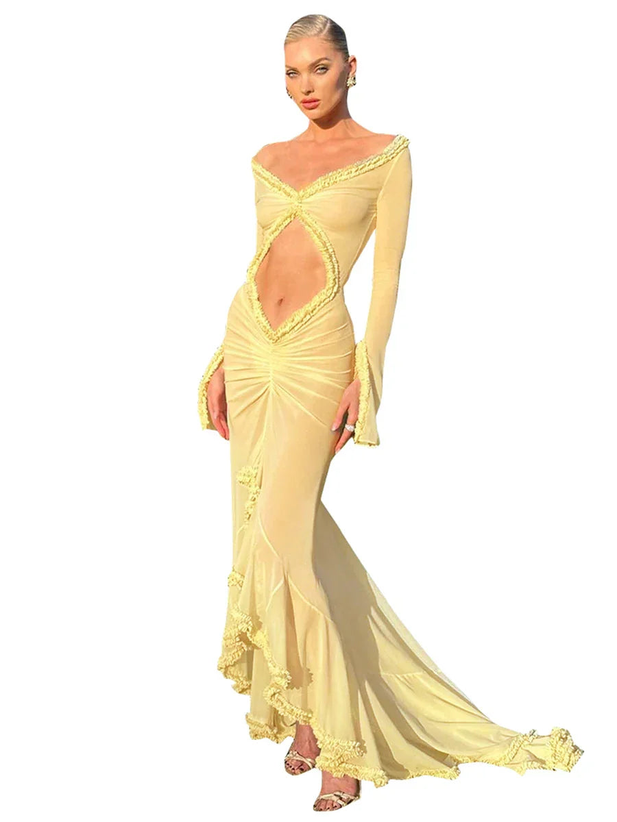 Spring Color Mesh See Through Low Cut  Floor Tassel Long Sleeve Evening Maxi Dress Mssaz Desses