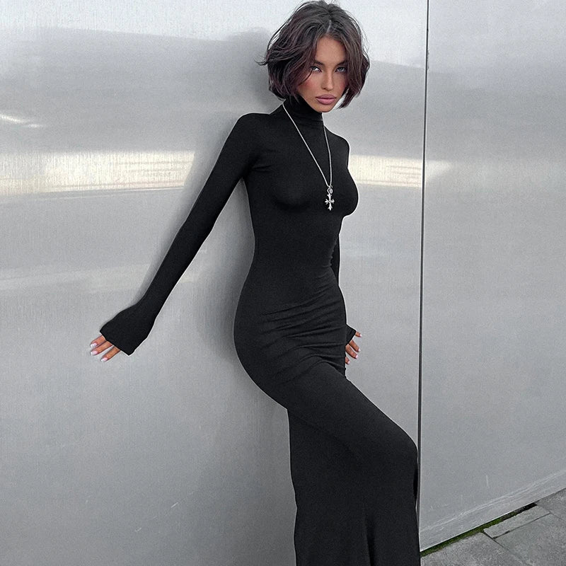 Simple High Collar Long Sleeve Basic Fishtail Prom Occasion Slim Streetwear Black Maxi Dress For Autumn Mssaz Desses