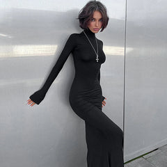 Simple High Collar Long Sleeve Basic Fishtail Prom Occasion Slim Streetwear Black Maxi Dress For Autumn Mssaz Desses