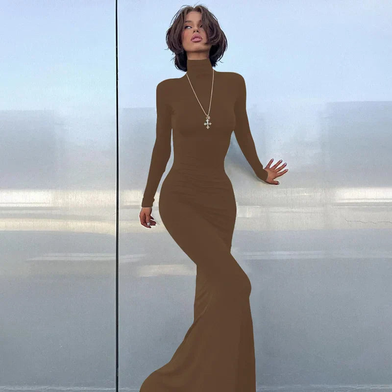 Simple High Collar Long Sleeve Basic Fishtail Prom Occasion Slim Streetwear Black Maxi Dress For Autumn Mssaz Desses