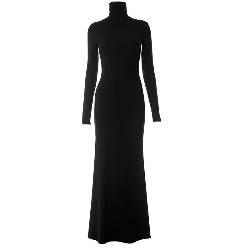 Simple High Collar Long Sleeve Basic Fishtail Prom Occasion Slim Streetwear Black Maxi Dress For Autumn Mssaz Desses