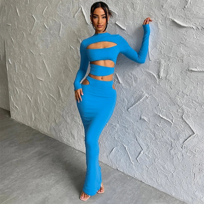 Autumn Winter Party Night Club Streetwear Cut Out Crop Top Long Skirt Sets Maxi Dress Mssaz Desses