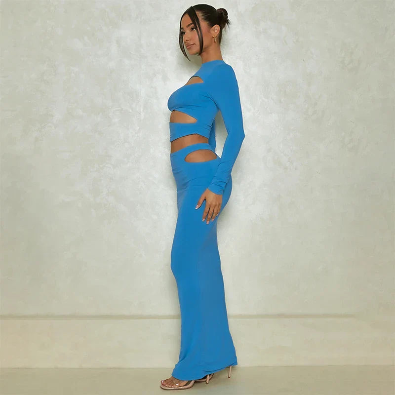 Autumn Winter Party Night Club Streetwear Cut Out Crop Top Long Skirt Sets Maxi Dress Mssaz Desses