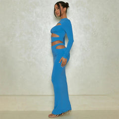Autumn Winter Party Night Club Streetwear Cut Out Crop Top Long Skirt Sets Maxi Dress Mssaz Desses