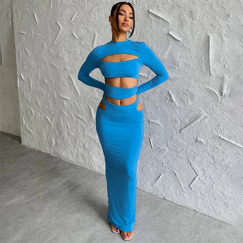 Autumn Winter Party Night Club Streetwear Cut Out Crop Top Long Skirt Sets Maxi Dress Mssaz Desses