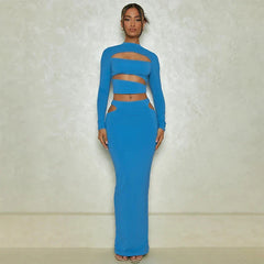 Autumn Winter Party Night Club Streetwear Cut Out Crop Top Long Skirt Sets Maxi Dress Mssaz Desses
