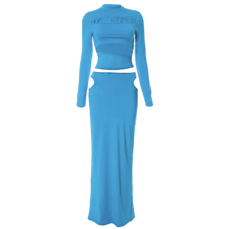 Autumn Winter Party Night Club Streetwear Cut Out Crop Top Long Skirt Sets Maxi Dress Mssaz Desses