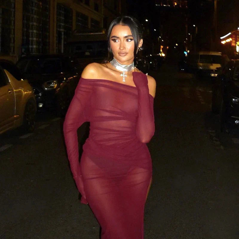 Neck Off Shoulder Mesh See Through High Slit Pullover Long Sleeve  Beach Maxi Dress Clothes Mssaz Desses