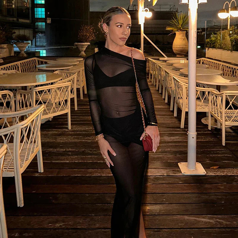 Neck Off Shoulder Mesh See Through High Slit Pullover Long Sleeve  Beach Maxi Dress Clothes Mssaz Desses