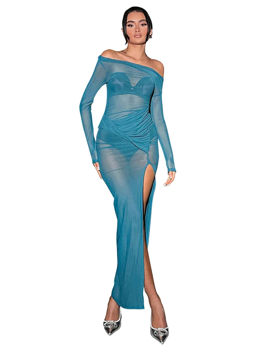 Neck Off Shoulder Mesh See Through High Slit Pullover Long Sleeve  Beach Maxi Dress Clothes Mssaz Desses