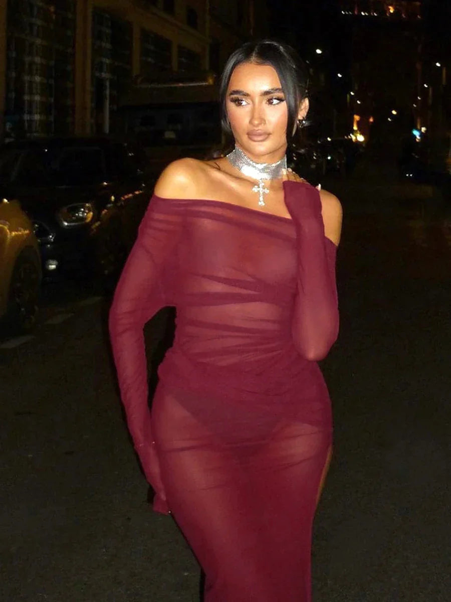 Neck Off Shoulder Mesh See Through High Slit Pullover Long Sleeve  Beach Maxi Dress Clothes Mssaz Desses
