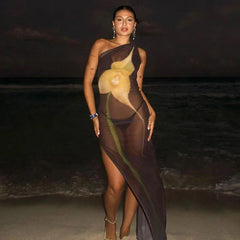 One Shoulder Printed See Through Mesh   High Slit Slim Beach Holiday  Maxi Dress Mssaz Desses
