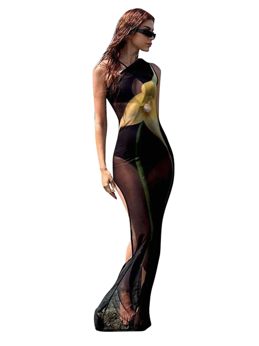 One Shoulder Printed See Through Mesh   High Slit Slim Beach Holiday  Maxi Dress Mssaz Desses